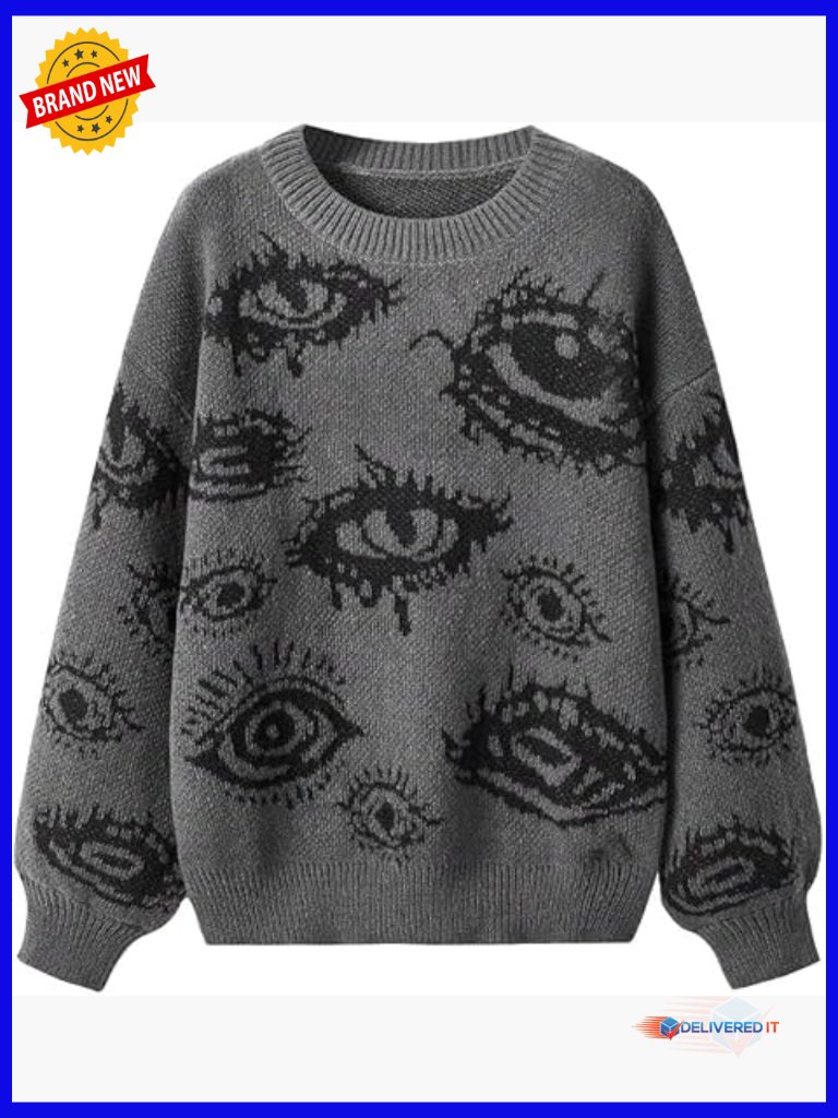 Y2k Goth Punk Crewneck Cropped Sweater Drop Shoulder Knit Pullover